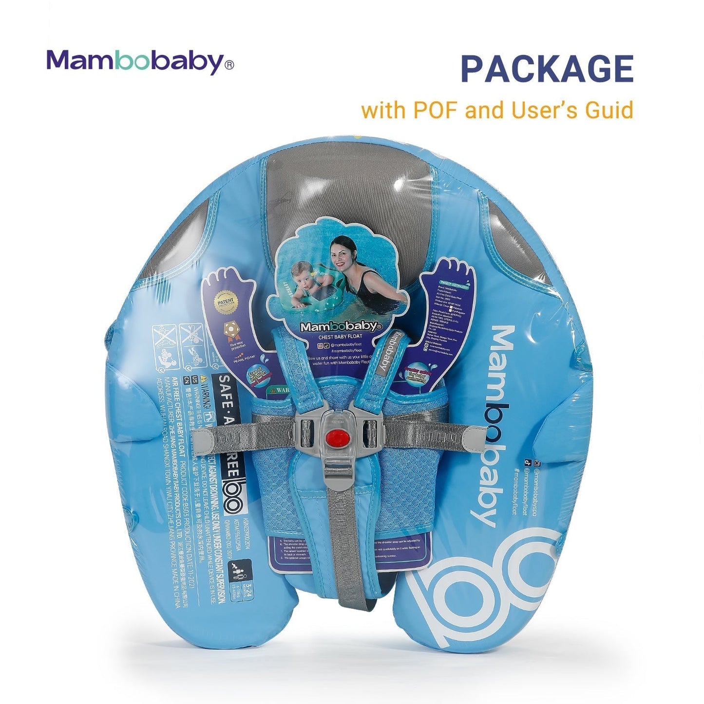 Inhoud van het Mambobaby™ Narwal Chest Float pakket: De complete 3-in-1 set inclusief onzinkbare zwemband, UPF 50+ zonnekap en stabiliteitsstaart.