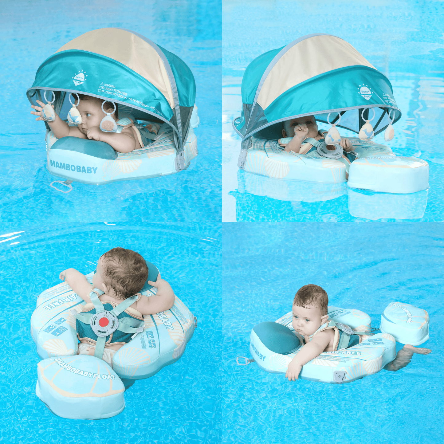 Vrolijke baby in de Mambobaby Schelp Float in zowel de rugslag- als de borstcrawl-positie, als zwemtrainer.