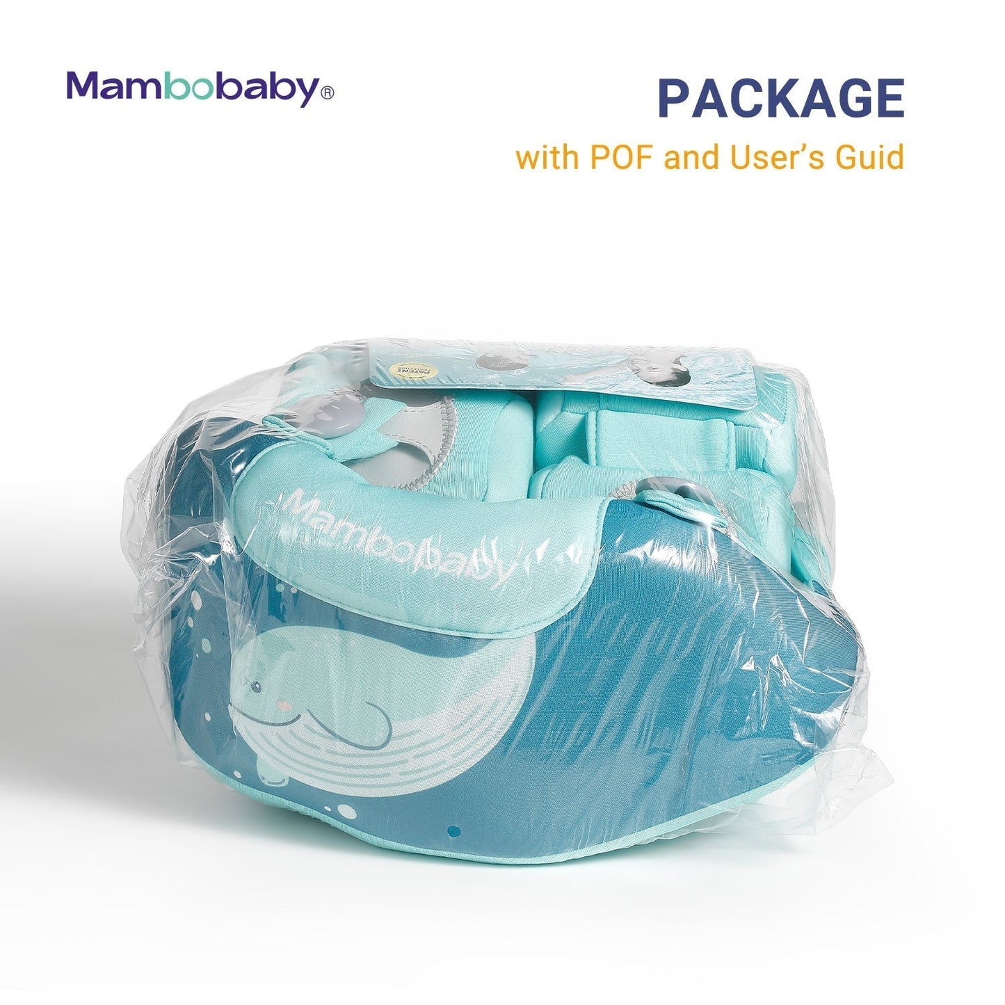 De volledige inhoud van de Mambobaby™ Air-Free oefen zwemset voor kinderen (3-8 jaar). Deze complete 3-in-1 set bevat de onzinkbare borst-/rugfloat en twee afneembare armbanden met Pearl-Foam™ technologie voor veilig leren zwemmen.