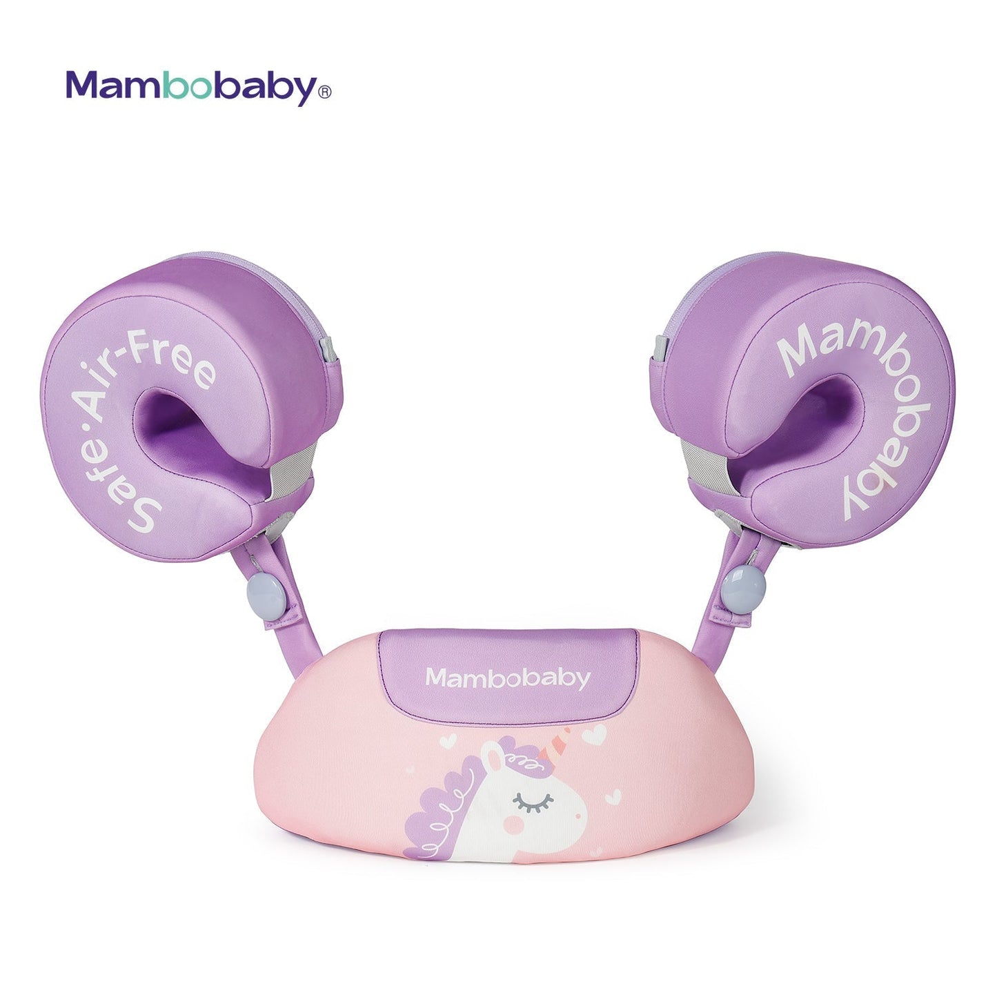 De roze Mambobaby™ Air-Free oefen zwemset voor kinderen van 3 tot 8 jaar (15-35 kg). Deze luxe, niet-opblaasbare zwemtrainer met afneembare armbanden en Pearl-Foam™ kern biedt maximale veiligheid en helpt bij het opbouwen van zelfvertrouwen in het water.