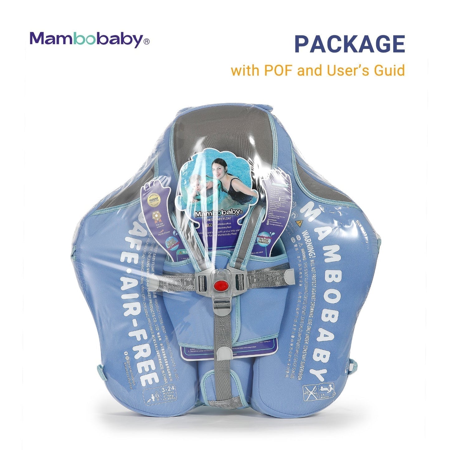 De volledige inhoud van het Mambobaby™ Olifant Zwemtrainer pakket: een complete 3-in-1 set inclusief onzinkbare baby float, afneembare UPF 50+ zonnekap en stabiliteitsstaart.