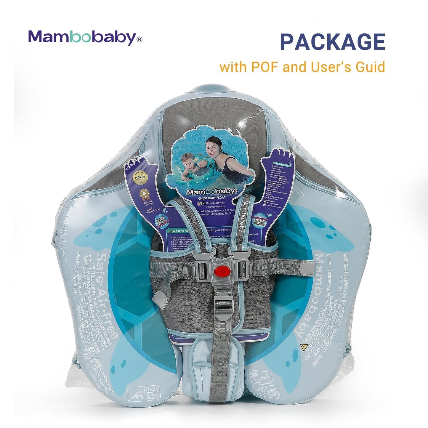De volledige inhoud van het Mambobaby™ Schildpad Zwemtrainer pakket: een complete 3-in-1 set inclusief onzinkbare baby float, afneembare UPF 50+ zonnekap en de gepatenteerde stabiliteitsstaart.