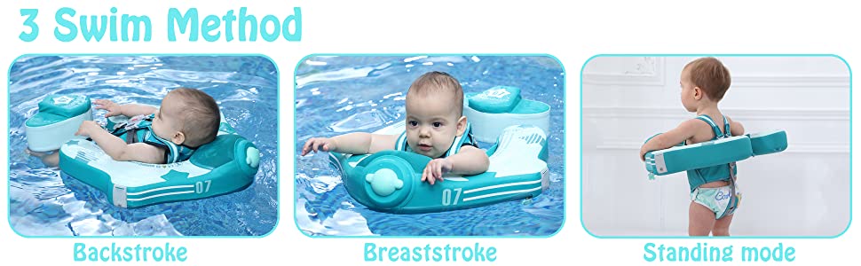 Illustratie van 3 veilige zwemposities van de Mambobaby Float: Borstcrawlmodus, Rugslagmodus en de neutrale zitpositie (3-48 maanden)