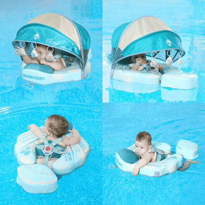 Vrolijke baby in de Mambobaby Schelp Float in zowel de rugslag- als de borstcrawl-positie, als zwemtrainer.