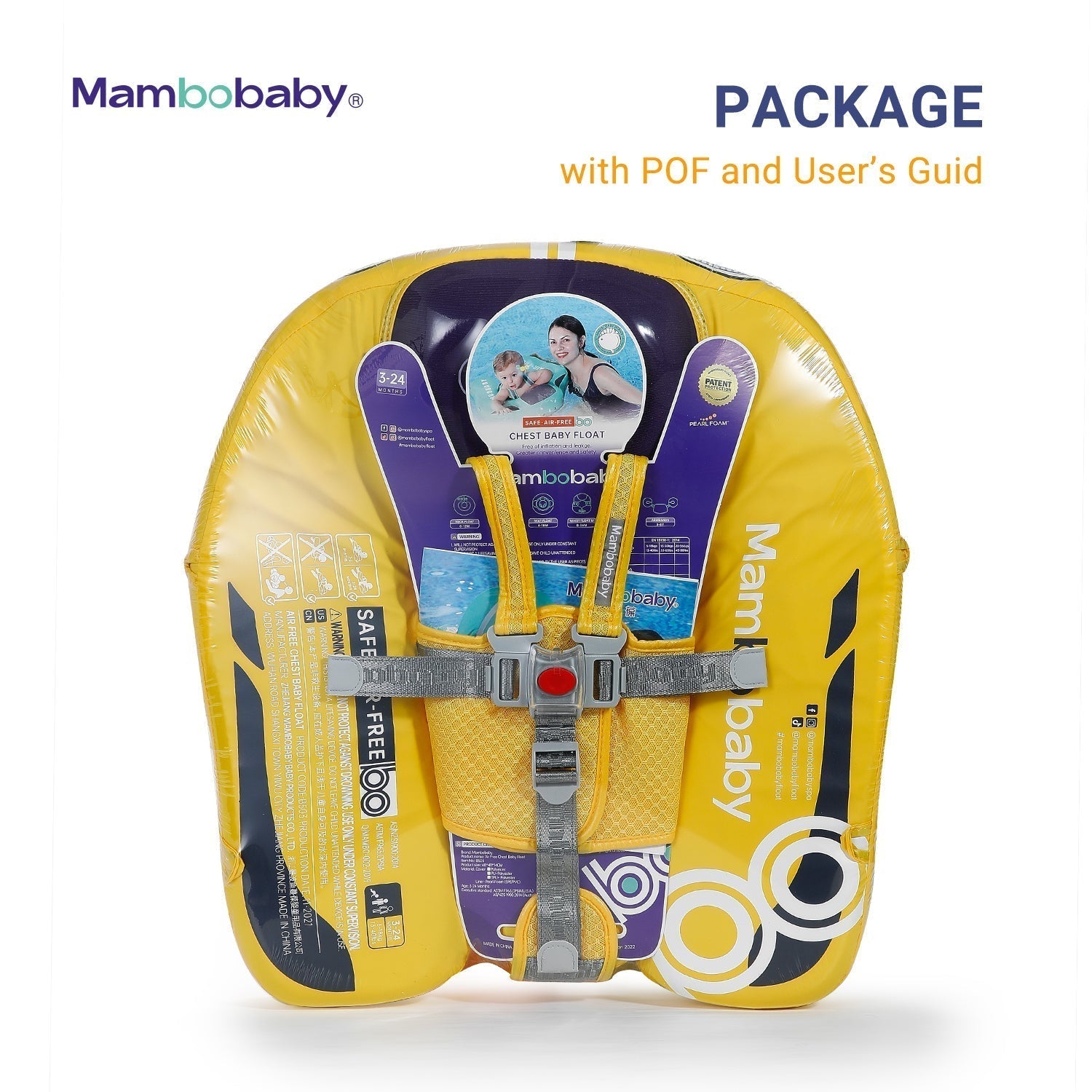 De volledige inhoud van het Mambobaby™ Auto Zwemtrainer pakket: de complete 3-in-1 set inclusief onzinkbare baby float, afneembare UPF 50+ zonnekap en stabiliteitsstaart.