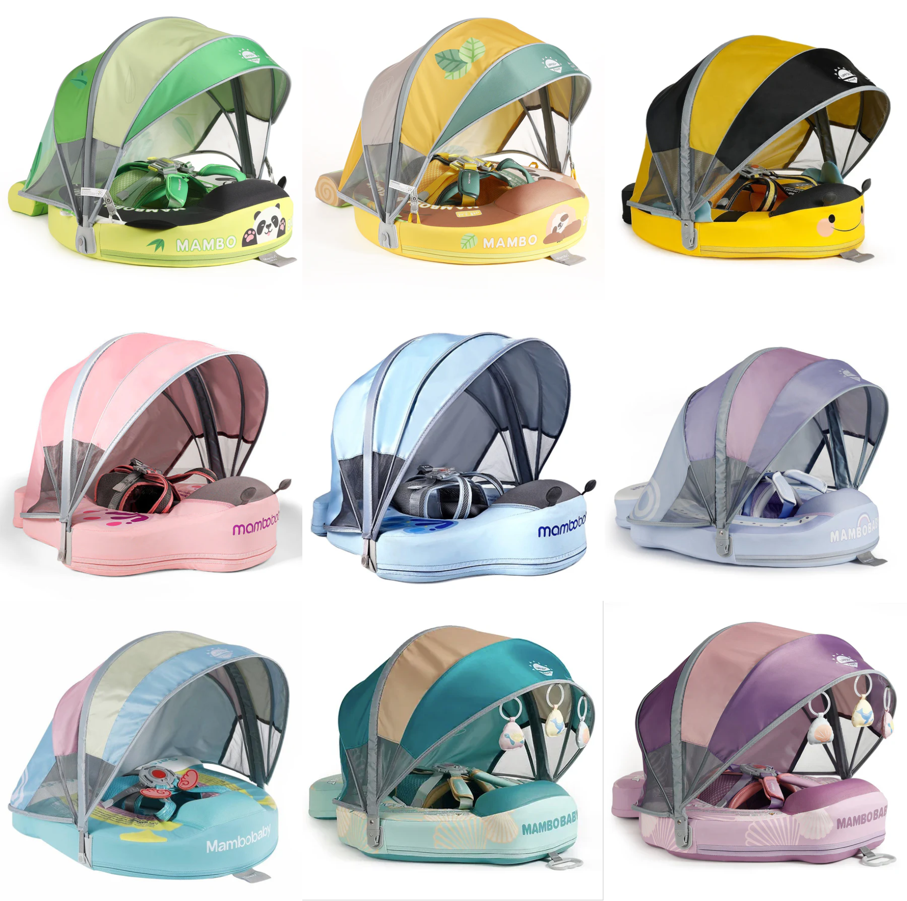"Overzicht van alle 9 Mambobaby Zwemband (Onzinkbaar) varianten met UPF 50+ Zonnekap, inclusief de Gele Bij, Roze Vlinder, Blauwe Vlinder, Panda, Luiaard, Groene en Paarse Schelp, en Groene en Paarse Regenboog modellen, geschikt voor 3-24 maanden."