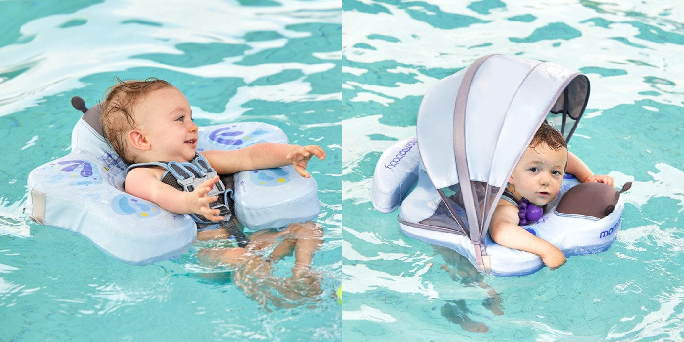 Illustratie van de twee zwemmethodes: veilige rugslag en borstslag ondersteuning met de Mambobaby float.