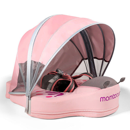 Vrolijke baby in de Roze Vlinder Mambobaby Float met de Parel Foam kern in het zwembad.