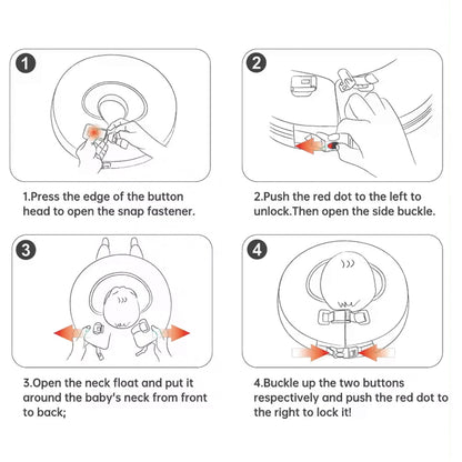 Visuele instructies voor het veilig openen en sluiten van de Mambobaby™ Donut nek zwemband. De dubbele veiligheidsgesp vereist een bewuste handeling van een volwassene, wat onbedoeld losraken voorkomt.