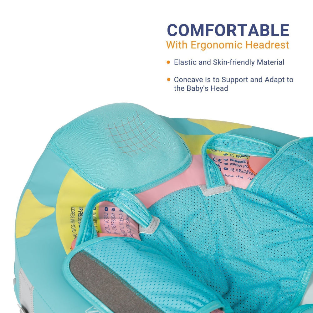 De Mambobaby™ Regenboog Float met afneembare UPF 50+ zonnekap. Luxe onzinkbare baby zwemband voor baby's van 3-24 maanden, ontworpen voor maximale stabiliteit en UV-bescherming.