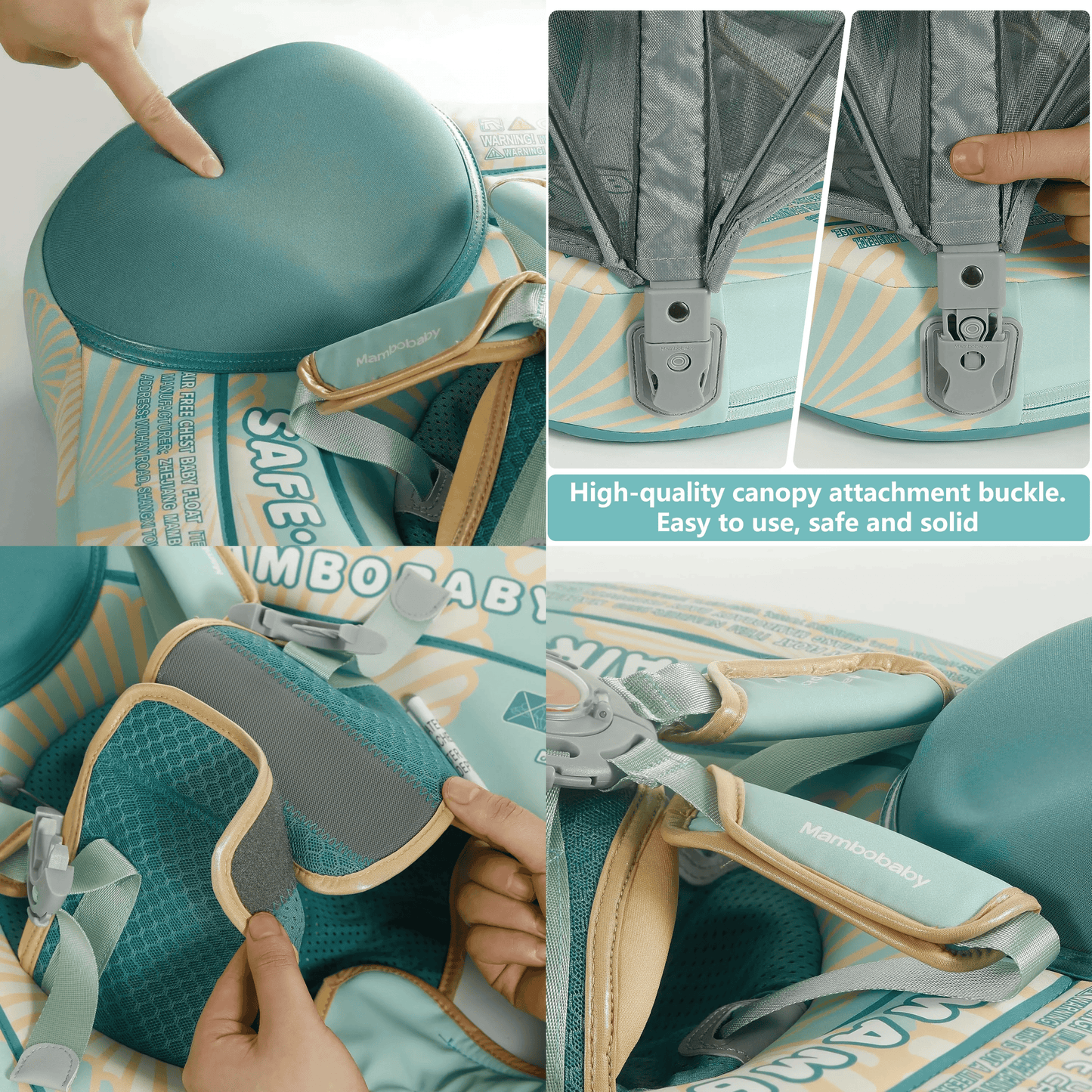 Detailweergave van het ergonomische Schelp Vormige design en de hoogwaardige materialen van de Mambobaby Float.