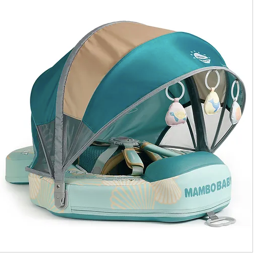 Hoofdafbeelding van de Groene Mambobaby Schelp Float met UPF 50+ Zonnekap en staart float, geschikt voor 3-24 maanden.