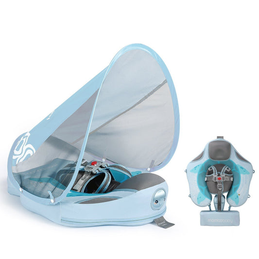 Mambobaby™ Schildpad Float - Luxe onzinkbare groene baby zwemband met UPF 50+ zonnekap en borststeun voor baby's van 3-24 maanden.