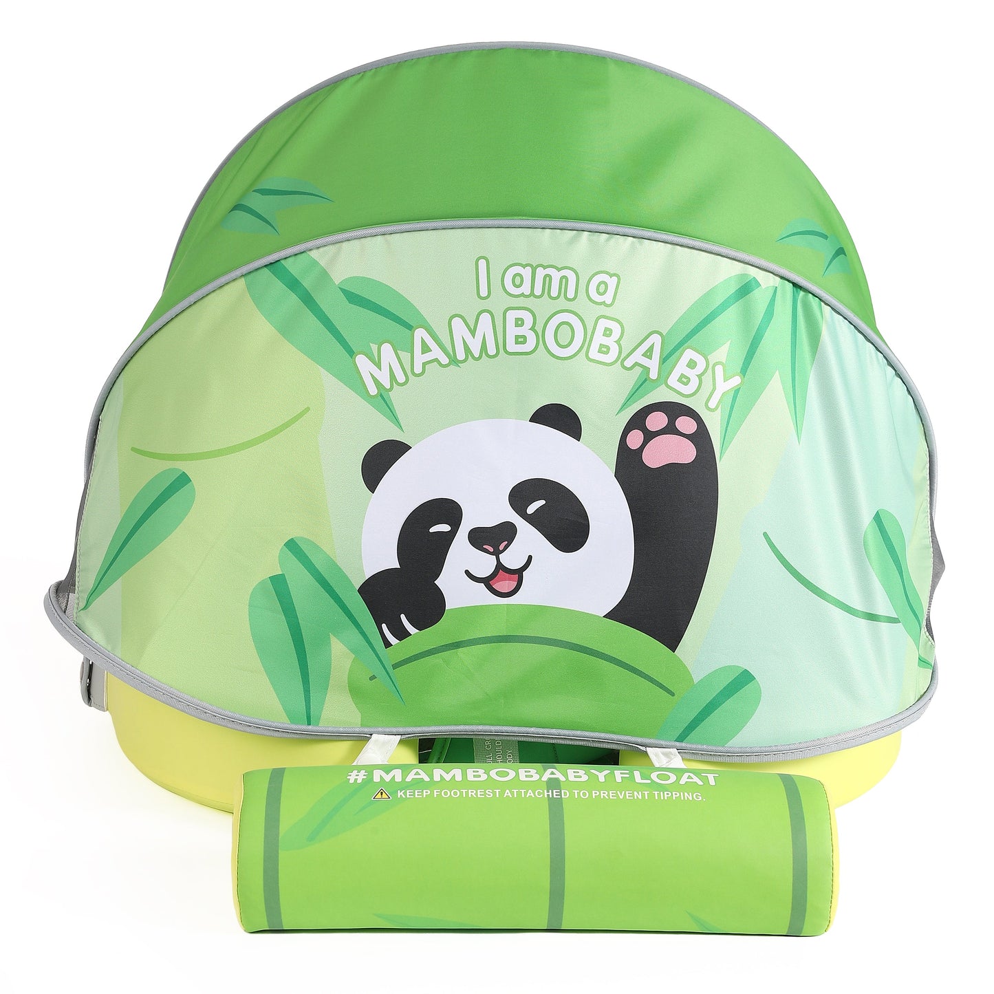 Achterkant van het zonnescherm met Panda print en 'I am a Mambobaby' tekst | Merklogo en branding