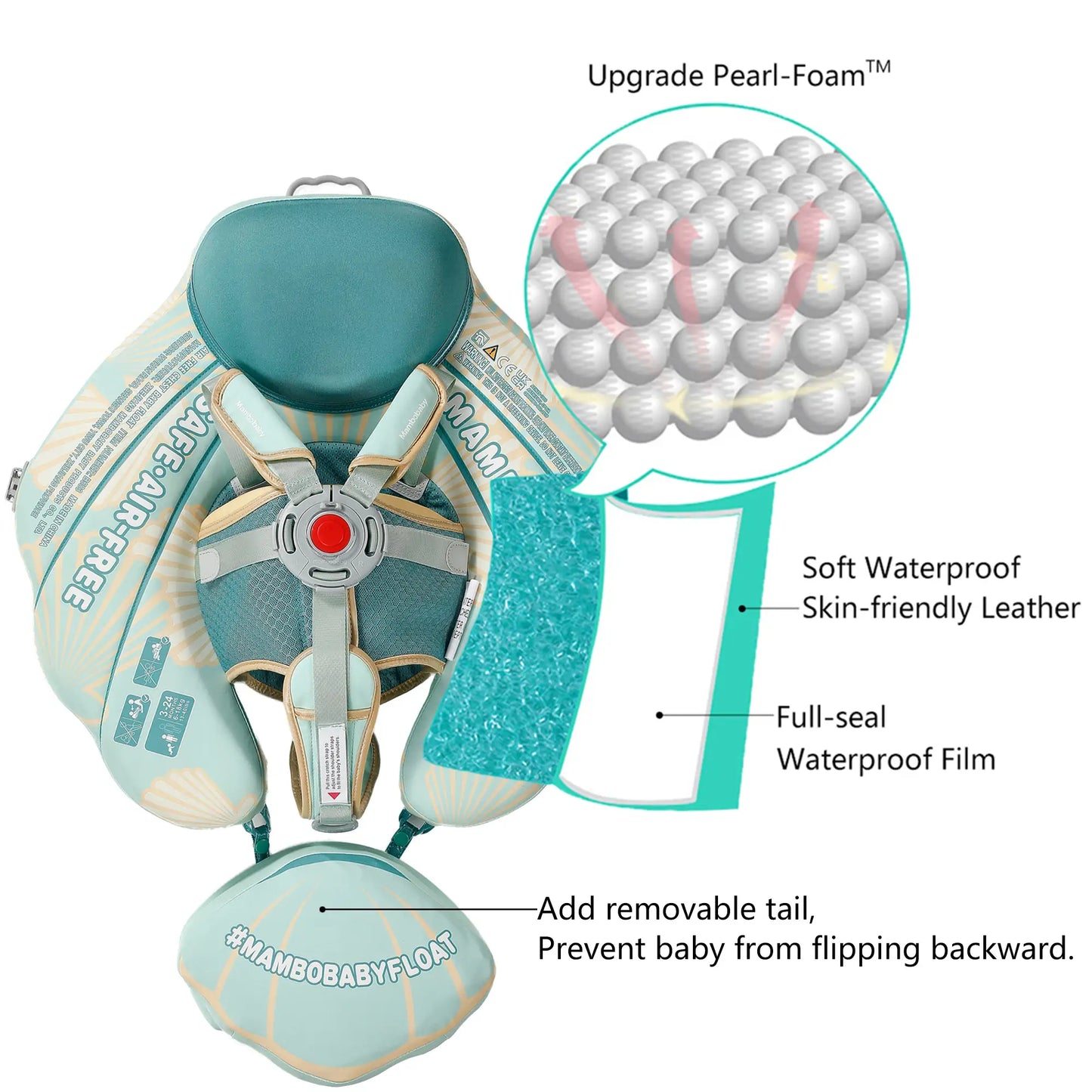 Detail van de 100% Onzinkbare en Luchtvrije Parel Foam kern in de Mambobaby Schelp Float, voor lekvrij drijfvermogen.