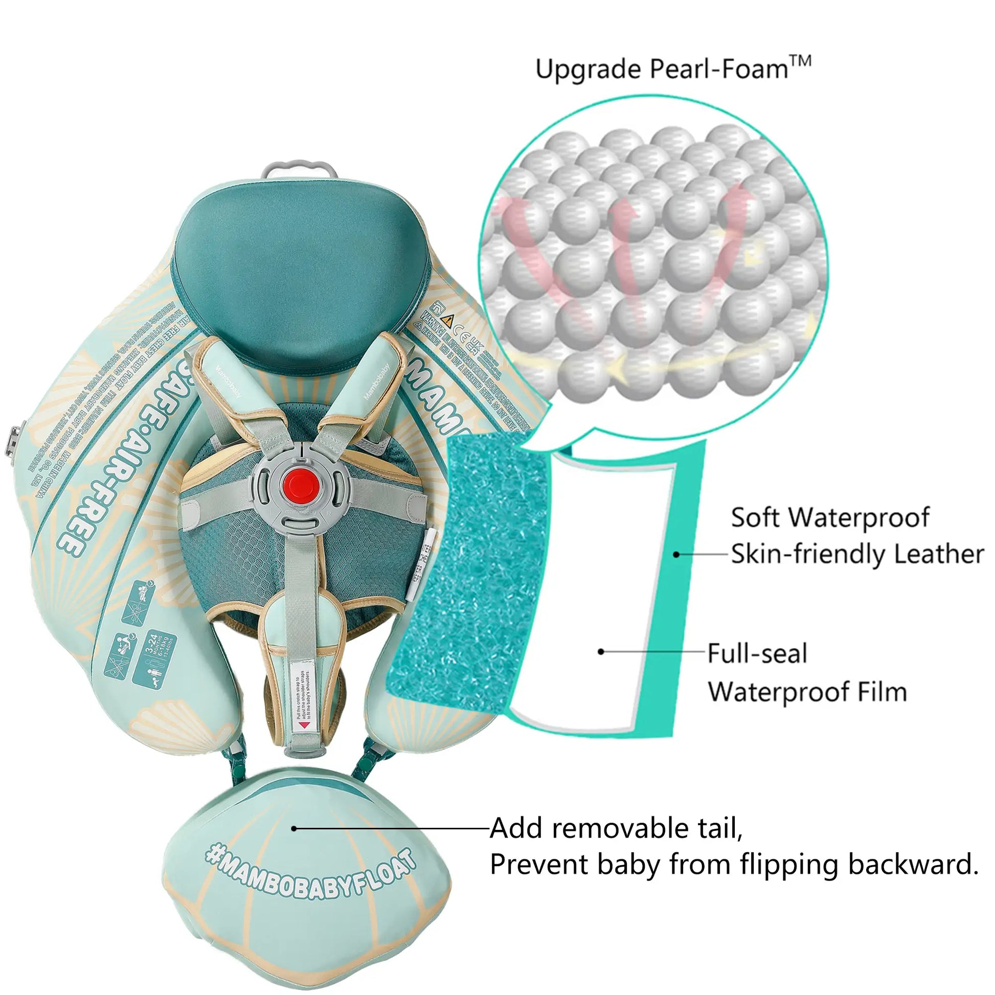 Detail van de 100% Onzinkbare en Luchtvrije Parel Foam kern in de Mambobaby Schelp Float, voor lekvrij drijfvermogen.