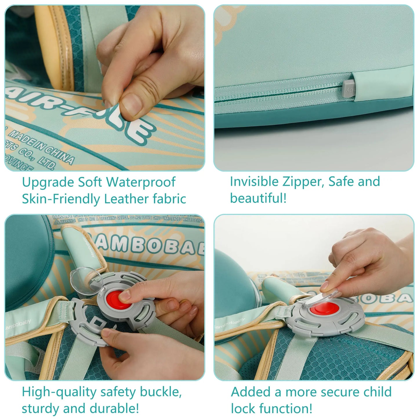 Visuele instructies of iconen over het veilig gebruik van de Mambobaby Zwemband (altijd toezicht van volwassene).